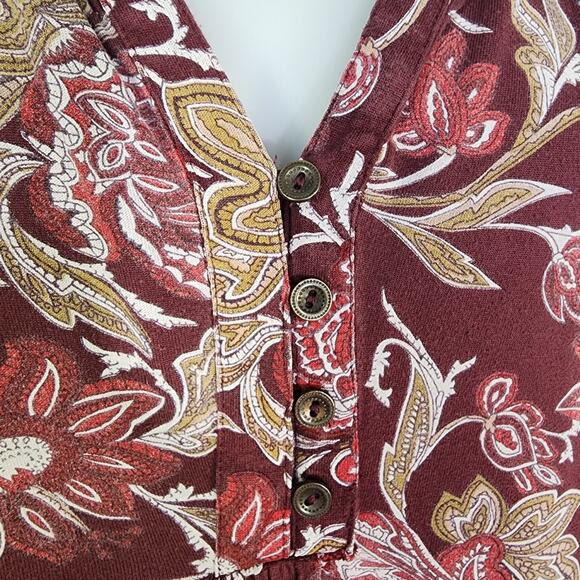 Lucky Brand Top Size 2X Womens Burgundy Floral Print Blouse Boho V Neck Border - Picture 6 of 13